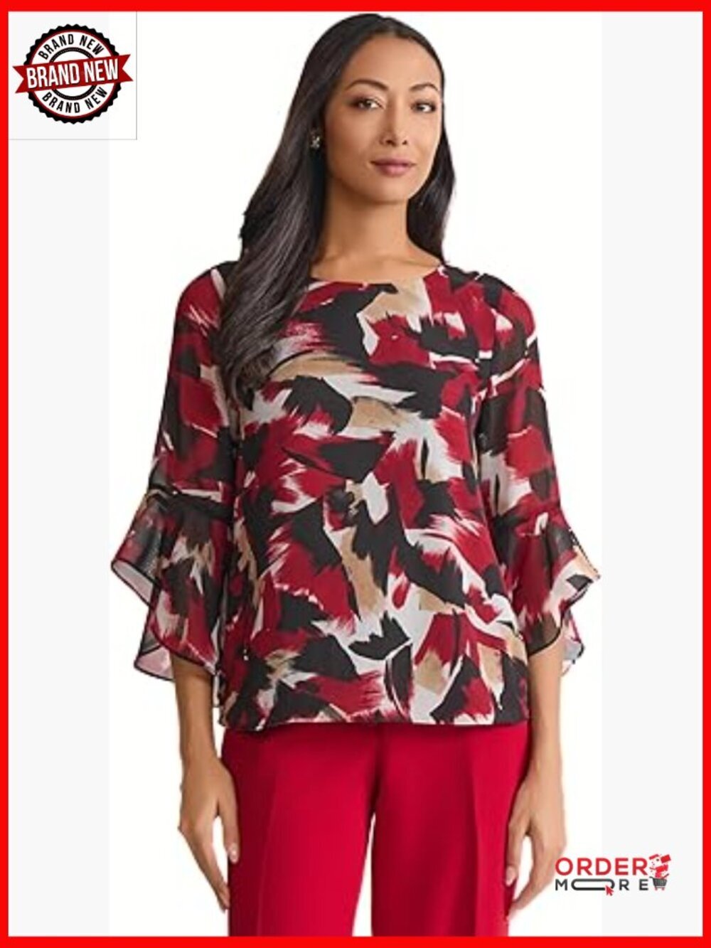 3/4 Sleeve Ruffle Printed Top - Petite Flattering Fit, Wrinkle-Resistant